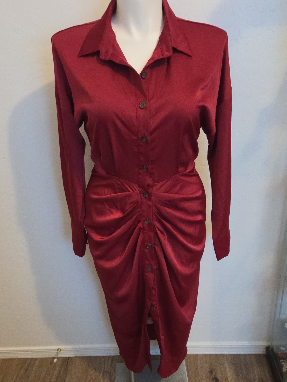 Women's Red Silk Button-Front Shirt Dress